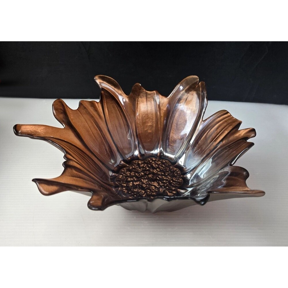 AKCAM Iridescent Brown Copper Art Glass Bowl Sunflower Petal Splash Centerpiece